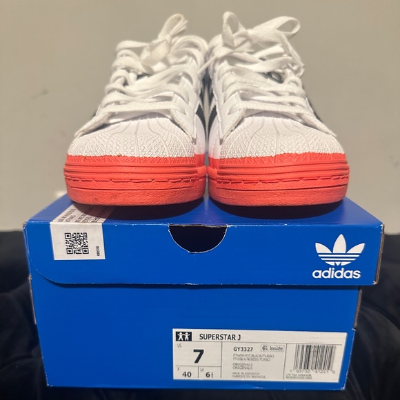 Adidas Superstar J Sneakers – White with Black Stripes & Red-ish Pink Sole - Picture 5 of 5